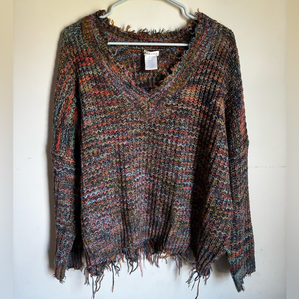 Main Strip Brown V-Neck Sweater with Distressed Hem